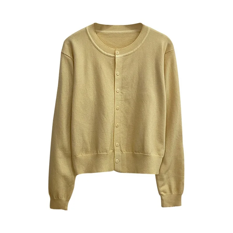 سترة نسائية بأكمام طويلة 2025 بياقة دائرية وأزرار سفلية متماسكة للسيدات للخريف والربيع سترات صوفية محبوكة واحدة الصدر