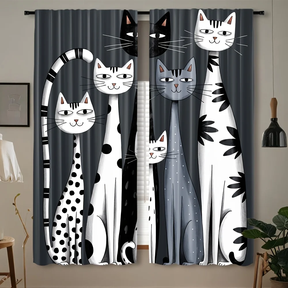 2PCS Digital Print Curtains Cat Animal Print Art Rod Pocket
