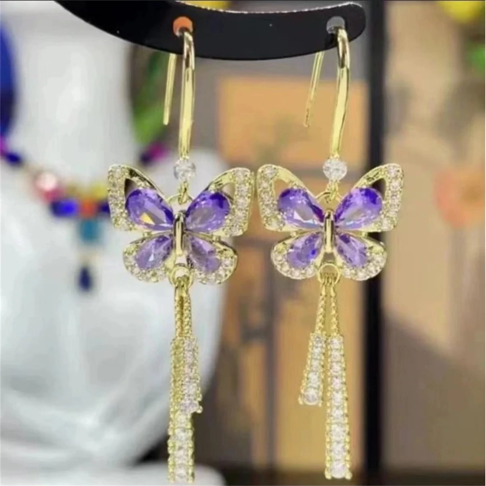 New Lnlaid Zircon Purple Crystal Pearl Silver Colour Butterfly Earrings Women Fashion Earrings Jewelry Party Gift