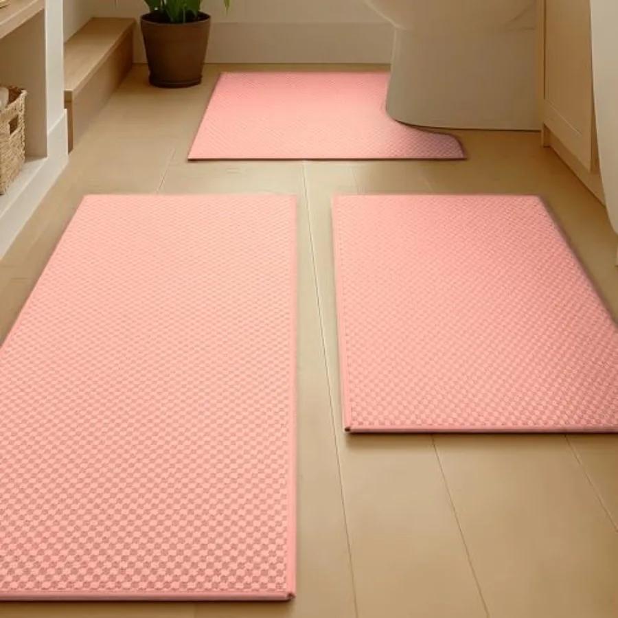 

Bathroom Rugs Sets 3 Pcs Non Slip Washable, Absorbent Quick Dry Bath Mat Set with Toilet Mat, Weave Texture Low Profile Bath Ru