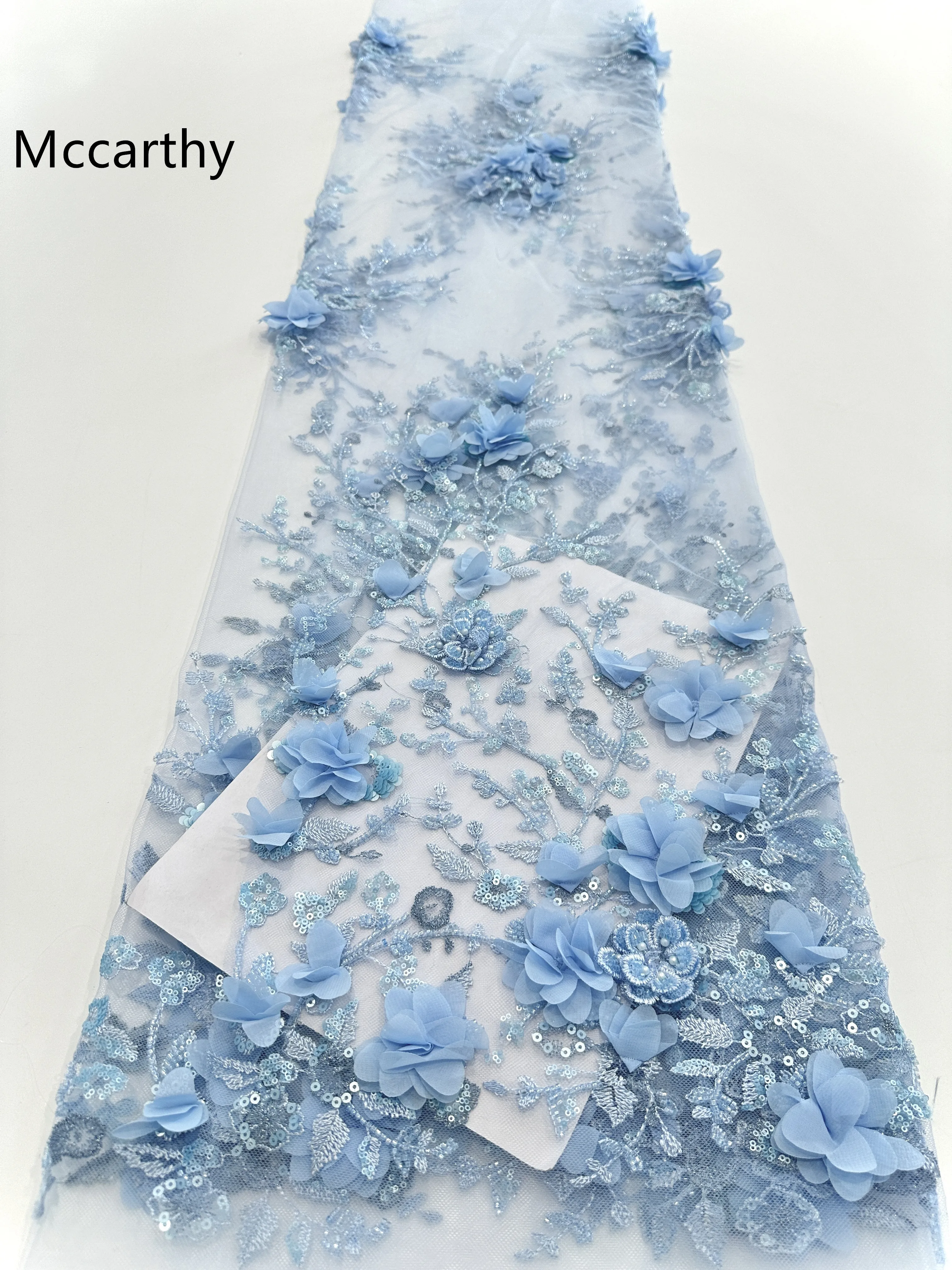 

2025 Luxury Bule African Lace Fabric High Quality Groom Embroidered 3D Flower Sequins Tulle Lace For Sewing Wedding Party Dress