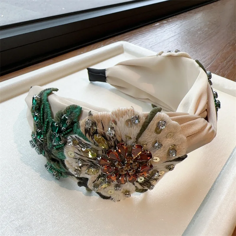 Pretty Boho Floral Embroidery Tape Headband for Lady Girls Shopping Party Headpiece Top Bow Knot Hairband for Women Head Wears