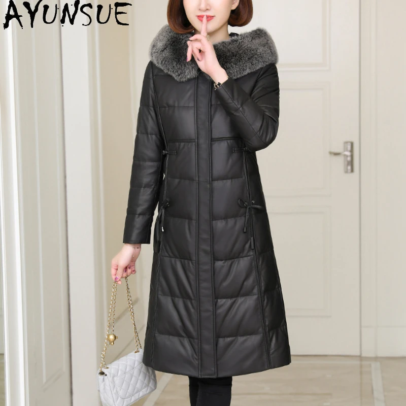 

AYUNSUE 90% White Duck Down Jackets for Women Hooded Winter Genuine Sheepskin Leather Jacket Fox Fur Collar Slim Down Coat Parka