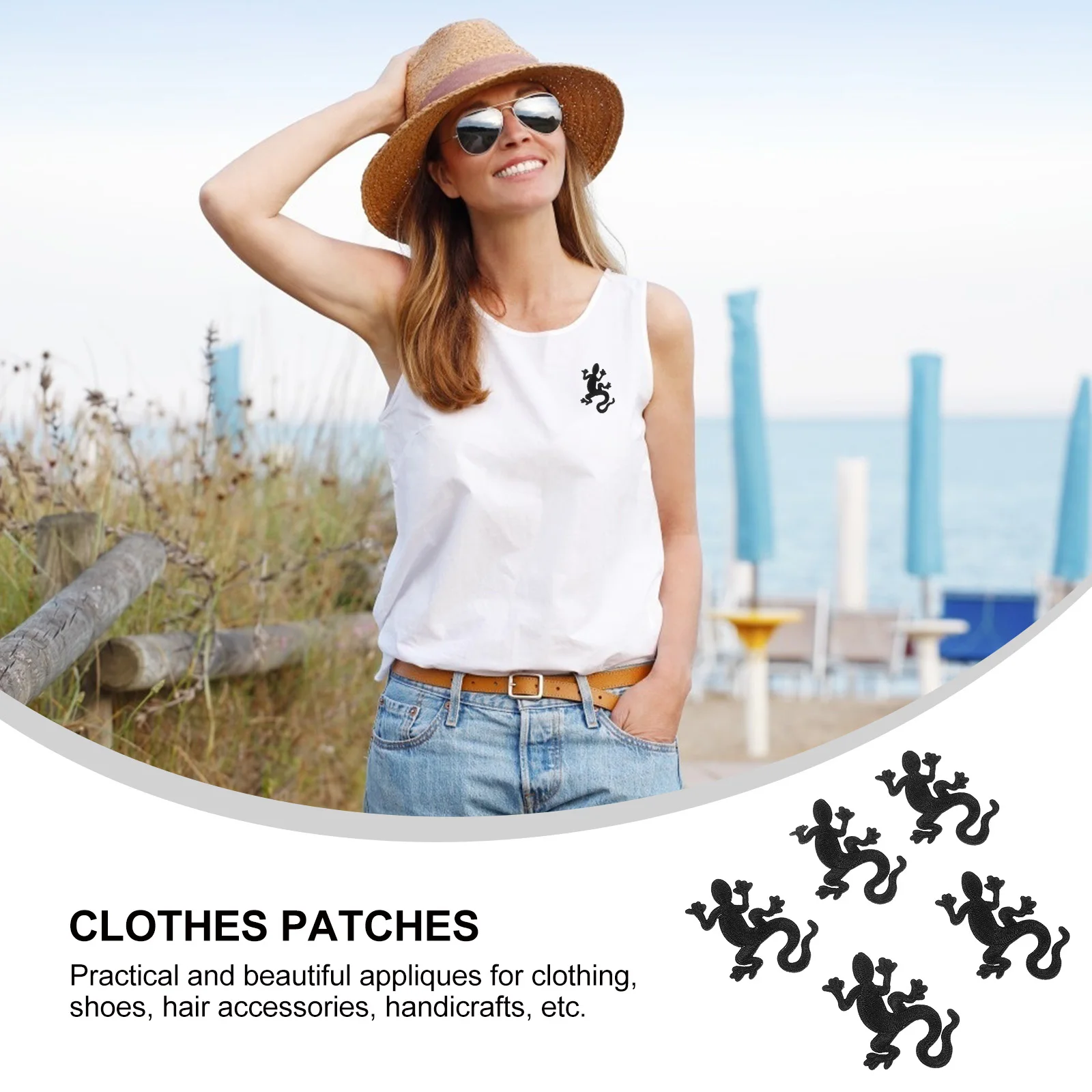 

5pcs Embroidered Gecko Cloth Patches Black Fabric Wear Resistant Hat Patches Sew Clothes Accessories Kids Fashion Multi