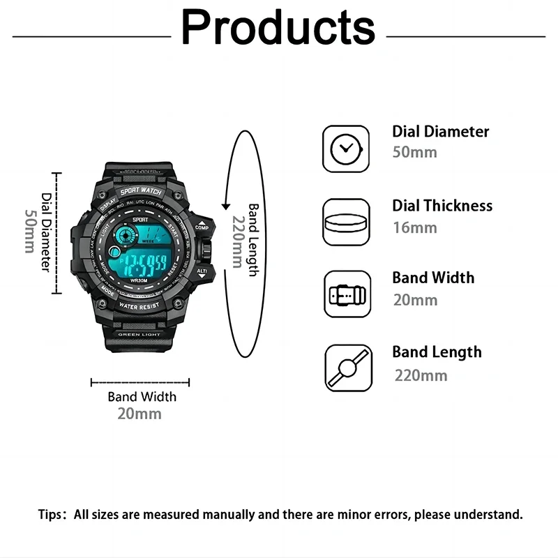 YIKAZE-Relógios Digitais LED Masculinos, Relógio Esportivo Impermeável, Relógio Militar do Exército, Relógio de Pulso Eletrônico para Homem, Data, Tamanho Grande, 50mm