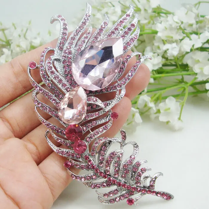 Woman's Elegant Pink Rhinestone Crystal Peacock Feather Brooch Pin