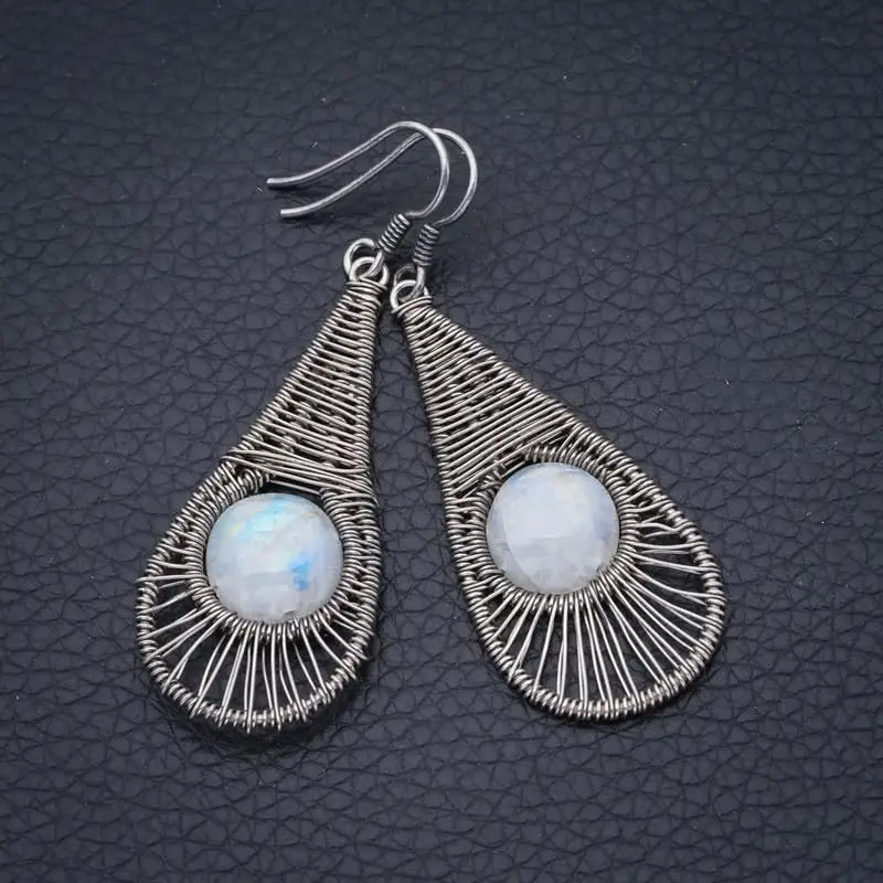 StarGems Natural Rainbow Moonstone Handmade 925 Sterling Silver Earrings 2 1/4