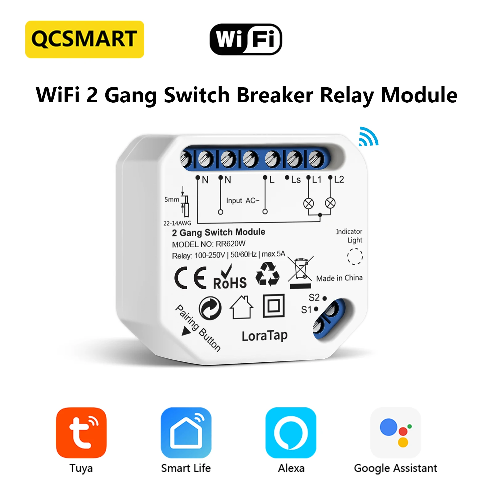 Tuya Smart Life 2 Gang Wifi Switch Breaker Relay Module Remote Operate Timer Works with Google Assistant Alexa DIY Smart Home