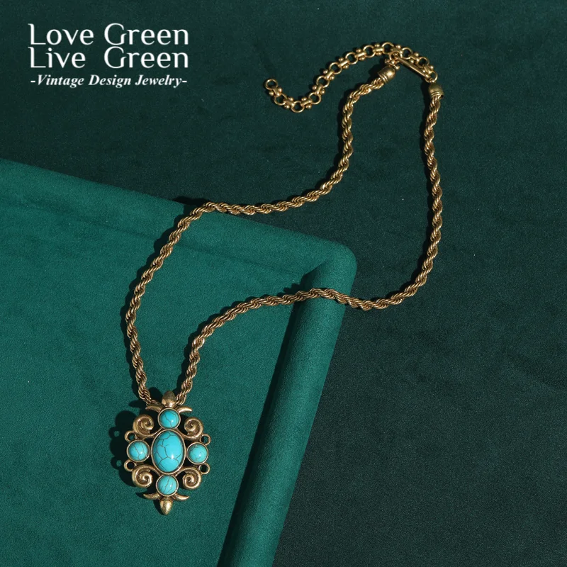 

Turquoise Pendants And Charms Necklace Vintage Antique Gold Color Natural Stone Woman Luxury Designer Jewelry Mothers Day Gift