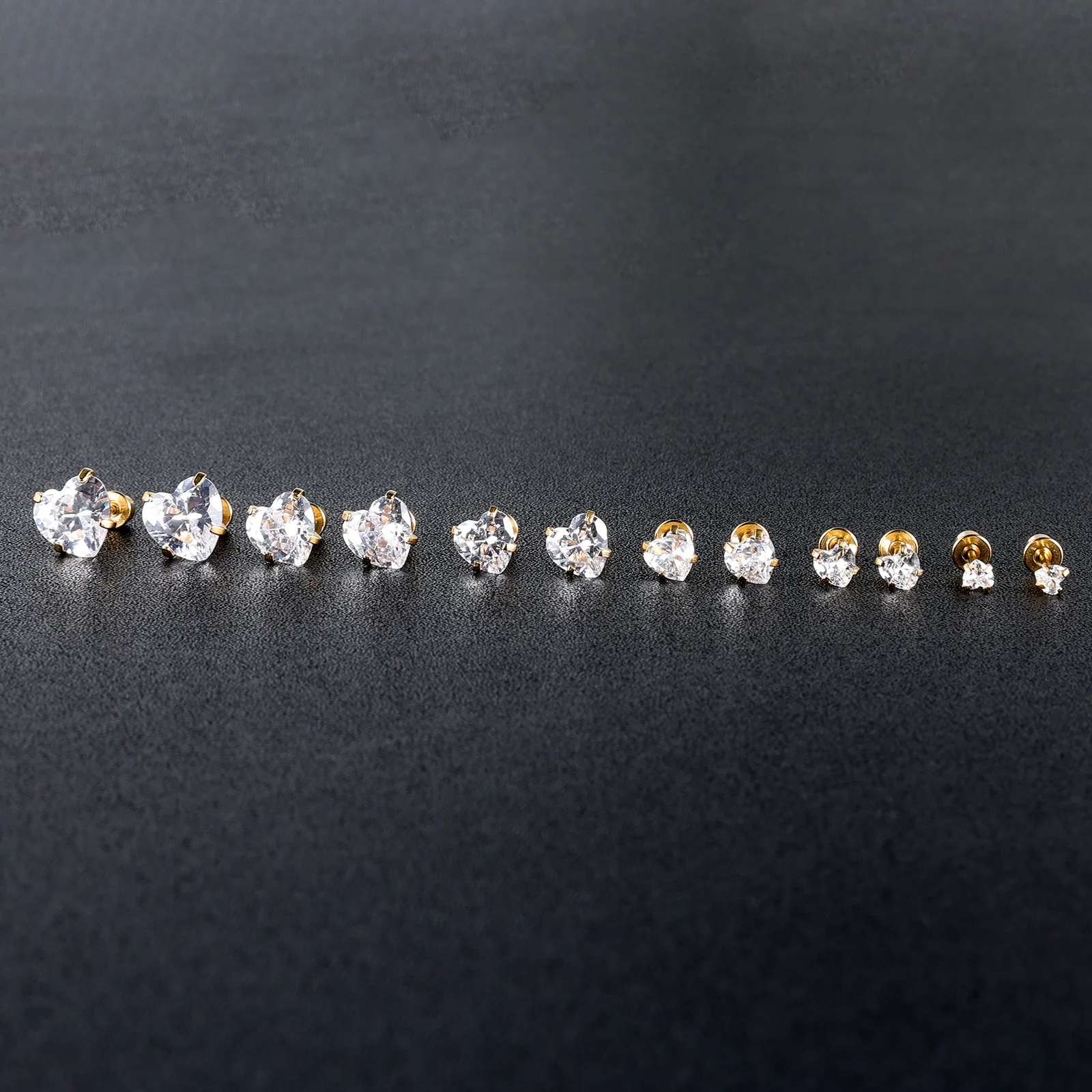 6 Pairs Stainless Steel Screw back Stud Earring, Gold Plated Heart Star Square Princess Cut Round Cubic Zirconia CZ Stud Set