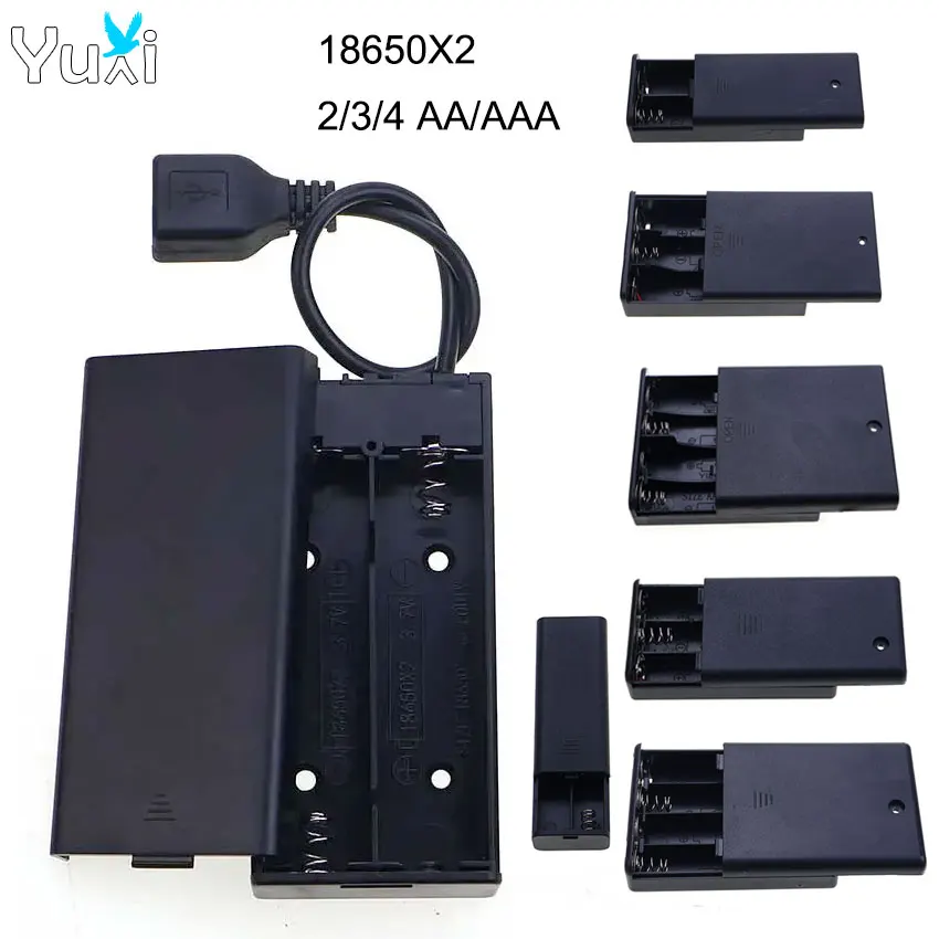 YuXi 18650 AA/AAA 2/3/4 Slot Battery Holder Battery Storage Box With USB Plug Terminal Line With Cover & Power Switch