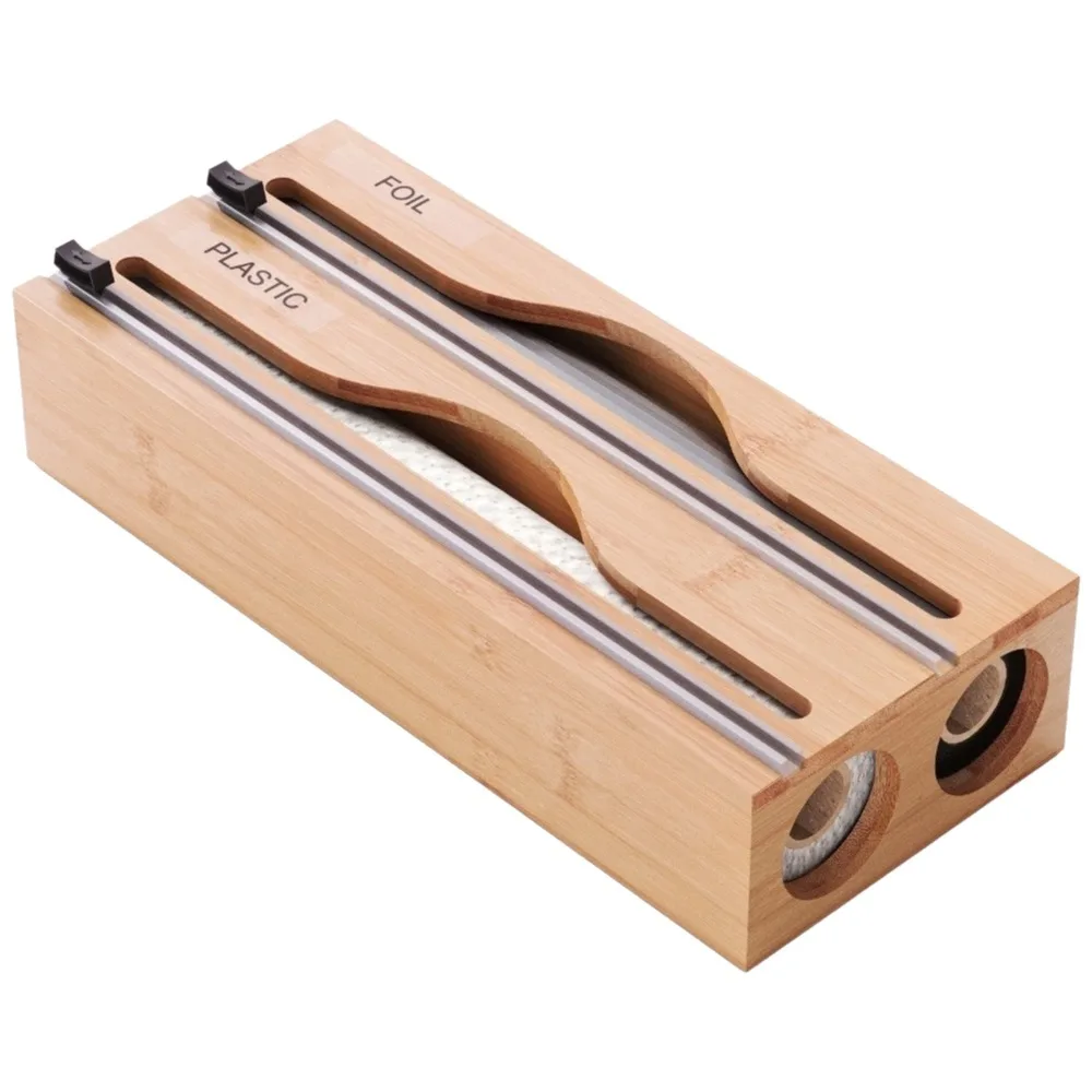 Bamboo Cling Film Cutter Box 2 /3 Grids Wall Mounted Plastic Wrap Cutter Box Minimalist Refillable Tin Foil Cutter Home Storage