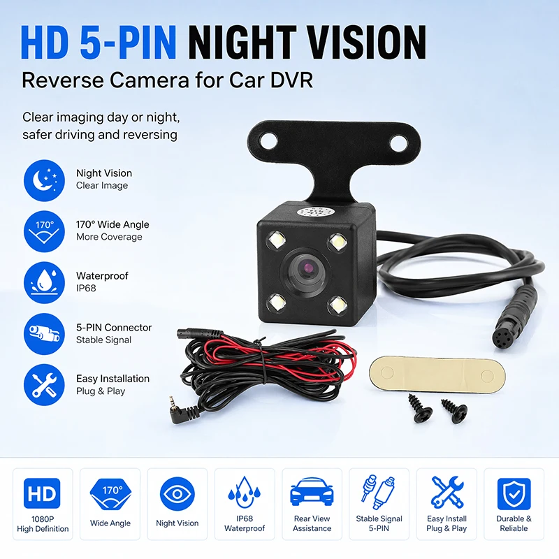 Caméra de recul JISUIDA 5 broches 4 lampes 720P ultra-claire vision nocturne enregistreur de conduite voiture dashcam