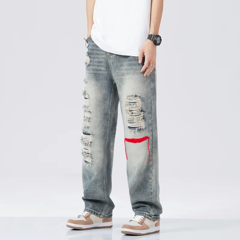 Spring Summer Men's Fashion Baggy Jeans Man Ripped Loose Jeans Y2k Hole Versatile High Street Denim Pants Retro Washed Trousers