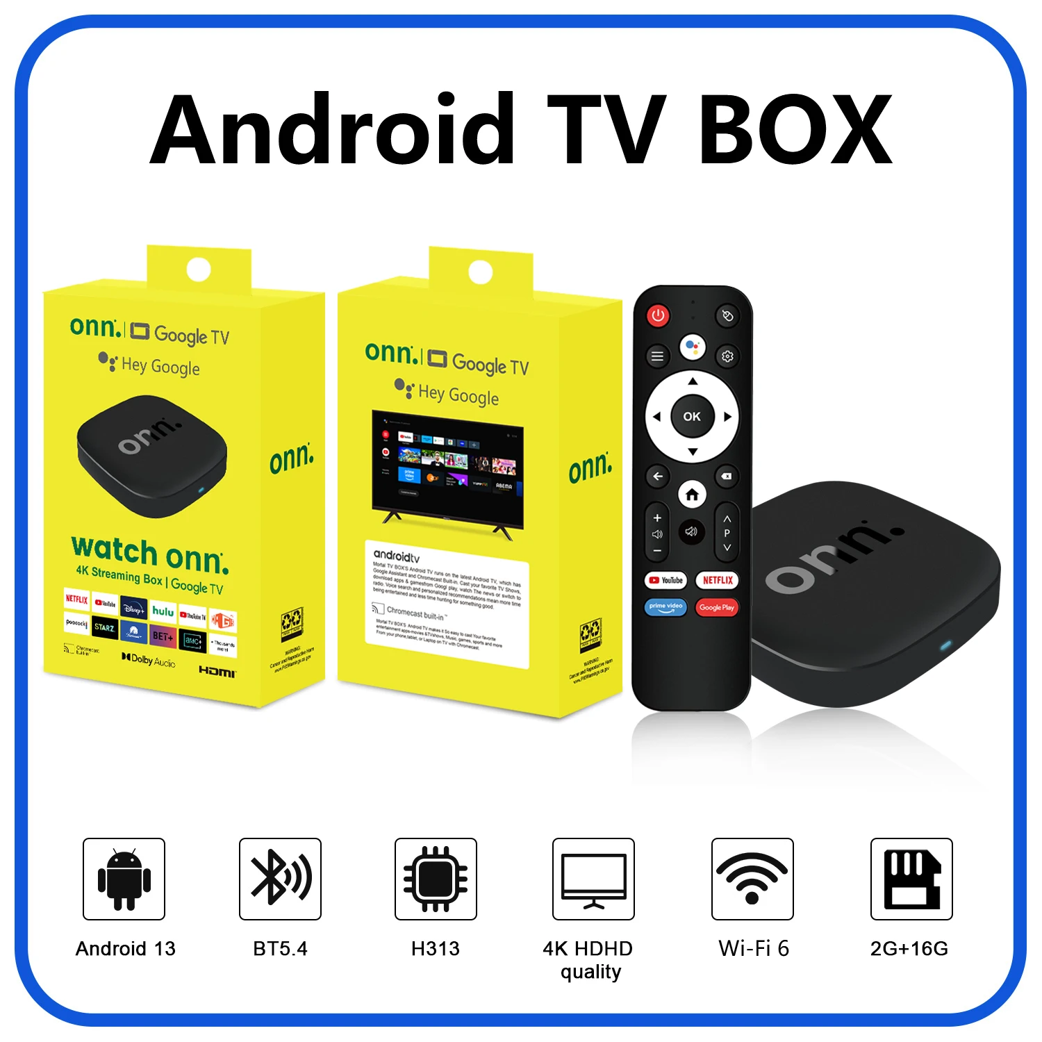 Onn 4K Android 13 Smart TV Box 4K Quad Core Set-Top Box 5G Connectivity 8GB 128G Voice Remote for Streaming Media Player