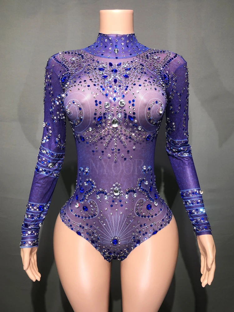 Shining Crystals Bodysuit Sexy Dance Costume Birthday Party Night Outfit Long Sleeve Mesh Transparent Women Leotard Stage Wear