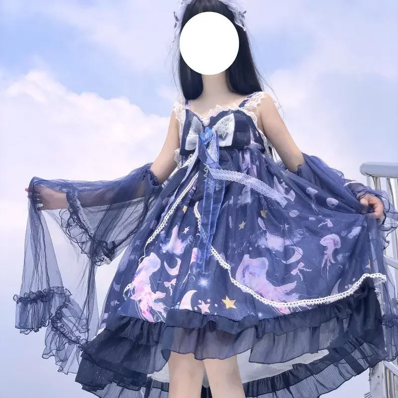 

Coalfell Japanese Sweet Women Jsk Lolita Dress Kawaii Jellyfish Print Blue Princess Suspender Dress Girly Cute Tull Fairy Dress