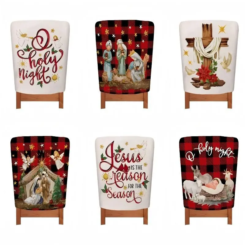 VIKAMA Xmas Cute Pink Tone Holiday Element Dining Chair Slipcover Washable Chair Back Cover Winter Festival Table Home Decor