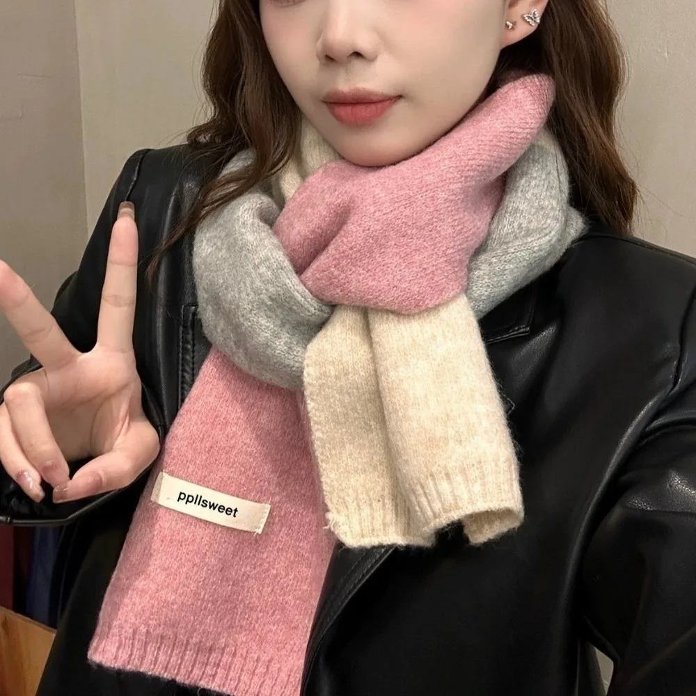 Contrast-Color Knitted Scarf Warm Material Patchwork Design Neck Warmer Fall Winter Weight Versatile Styling Yarn Scarf