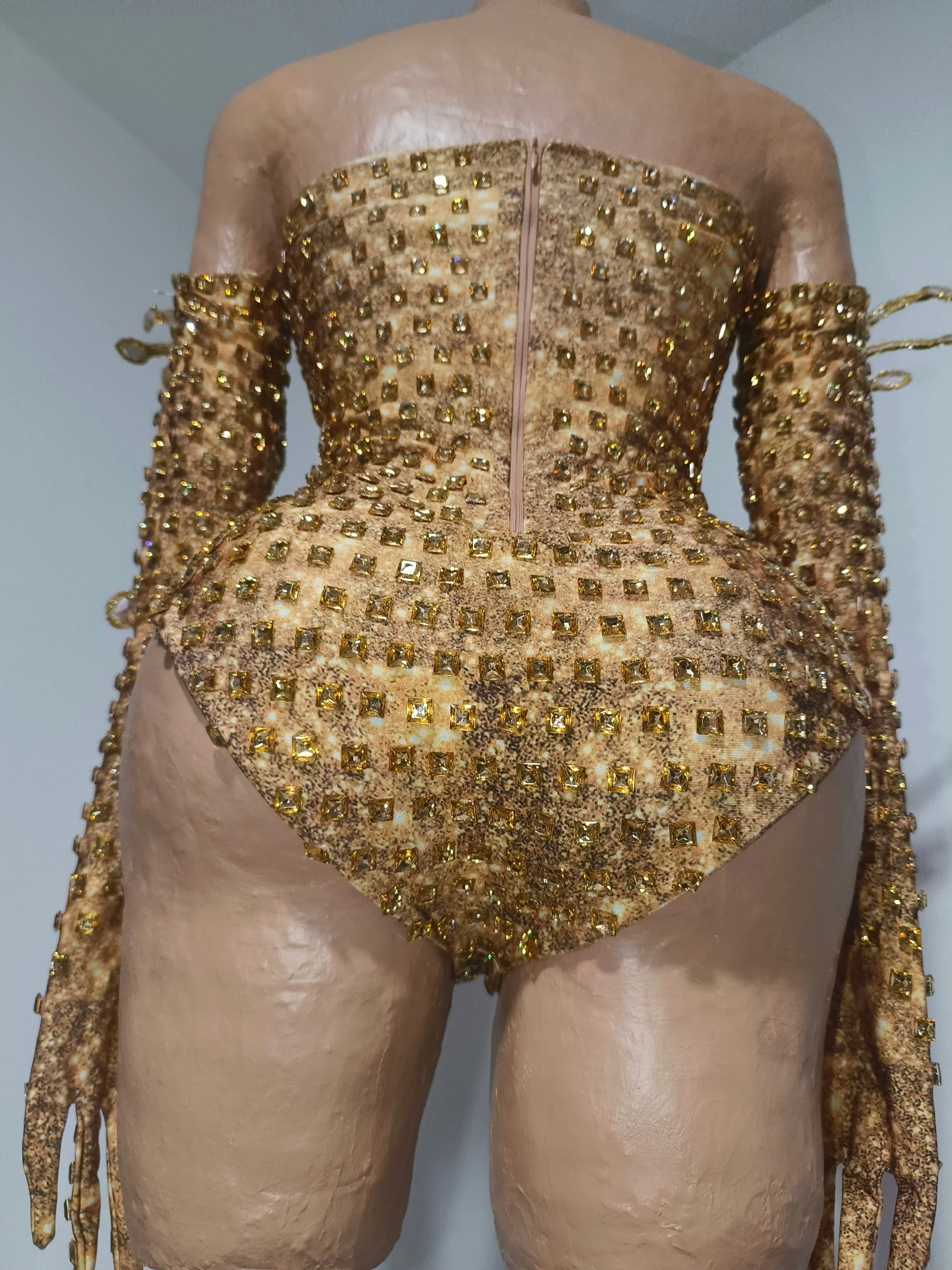 Women Sparkly Gold Rhinestone Bodysuit With Gloves Singer Concert Stage Sexy Outfit Night Club Drag Queen Performer Wear Jinjing