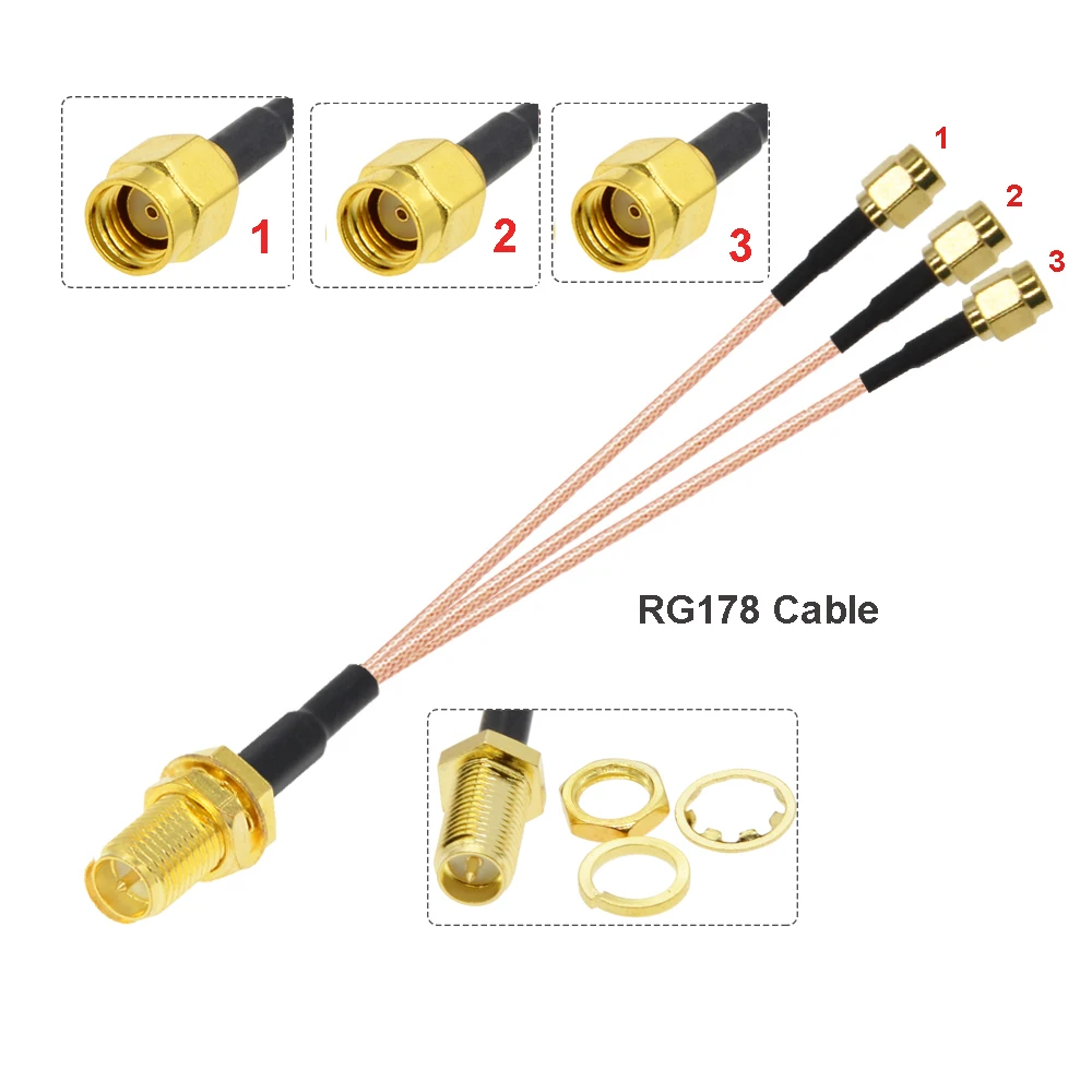 1PCS RP SMA Female to 3 RP SMA Male 1 to 3 Splitter Adapter Cable RG178 Pigtail Jumper WIFI Antenna Extension Coax Cable 15CM 6