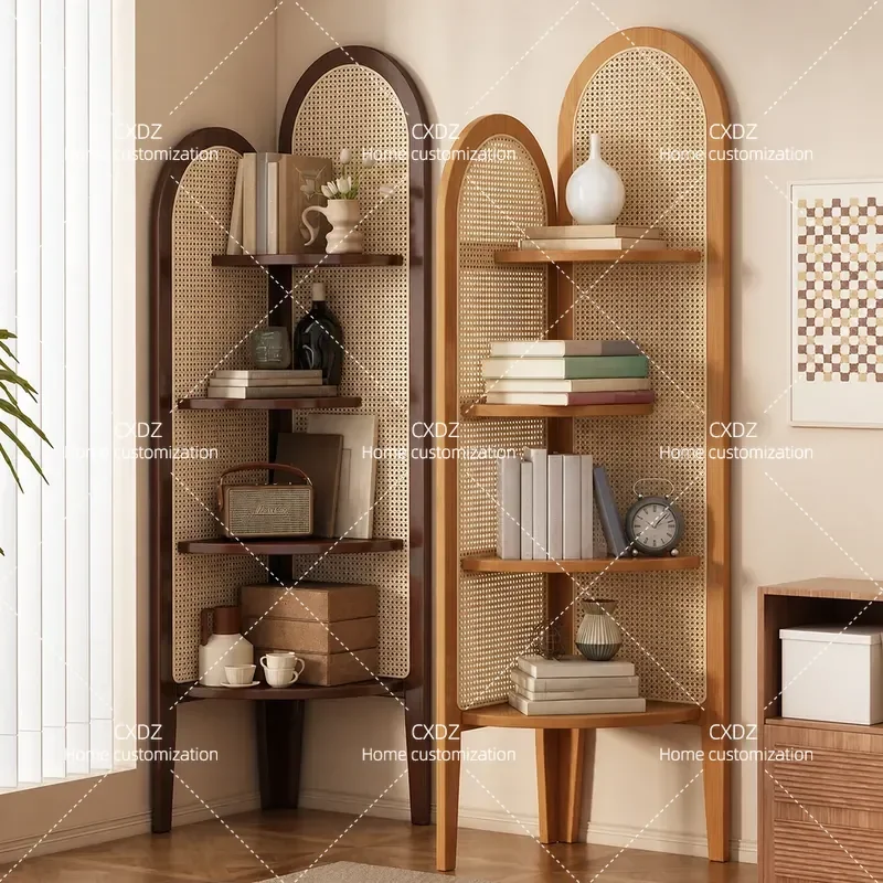 Chinese Retro Rattan Corner Screen Living Room Sofa Wall Bookshelf Bedroom Solid Wood Three Leg Shelf Home Decoration