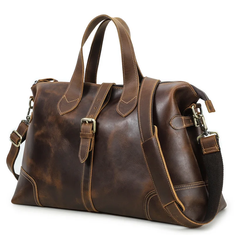 New Fashionable British Style Crazy Horse Large Capacity Buckle Leisure Sports Fitness Men Genuine Leather Travel Bag Briefcase