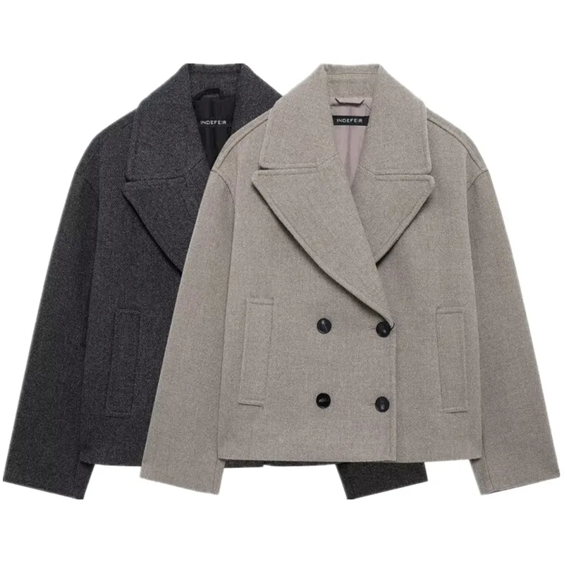 Abrigo Corto de Mujer, Estilo Casual para Otoño e Invierno, Cuello de Lana, Manga Larga, Doble Botonadura, 00% Otro Material
