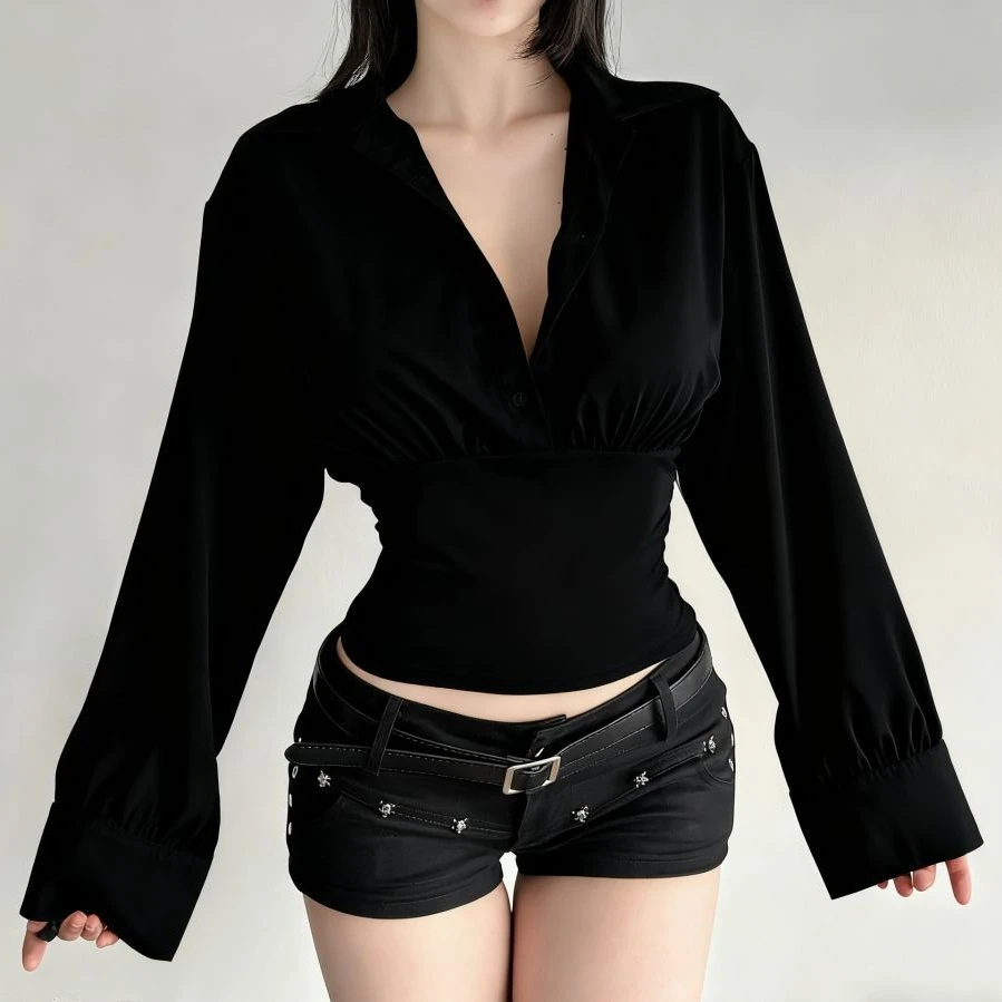 

Women's White Collared Button Down Shirt - Sexy Slimming Waist-Cinching Long Sleeve Blouse for Y2K Trendy Daily & Party Wear