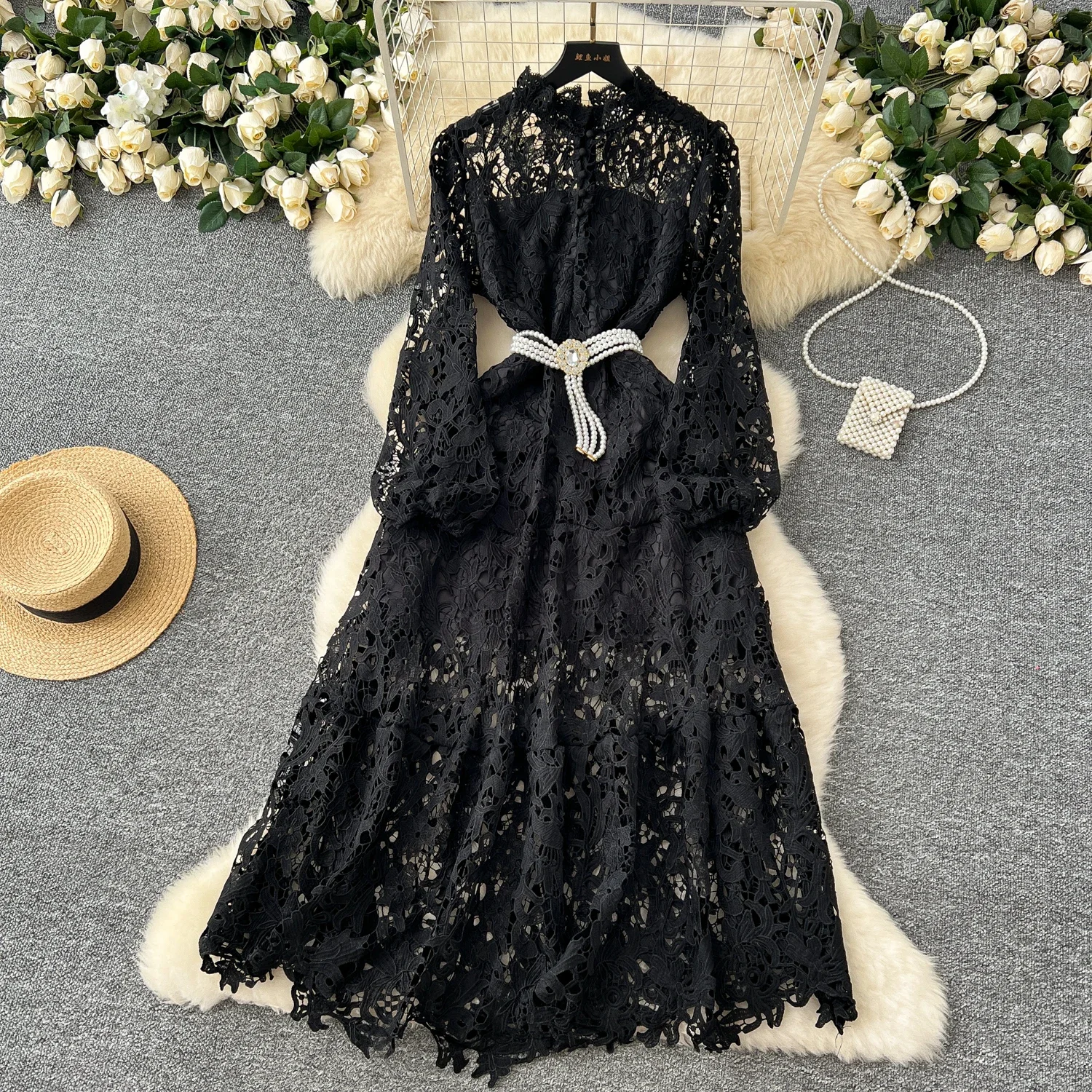 Elegant Stand Collar Vintage Long Sleeves Chic Hollow Out Hook Flower Lace Slim Beading French Evening High Street Long Dresses