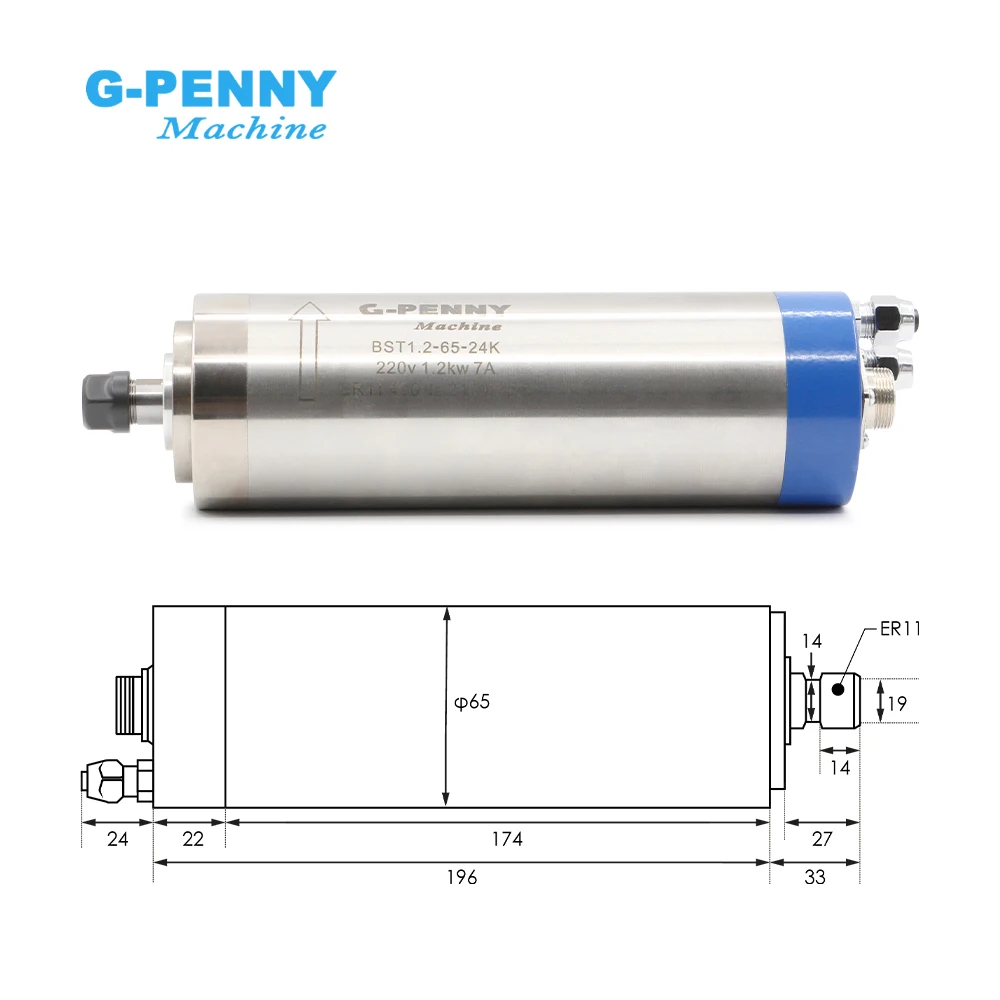 

1.2KW ER11 Water Cooled Spindle Motor 220V With HY Inverter Bearing High-Speed For CNC Milling Machine