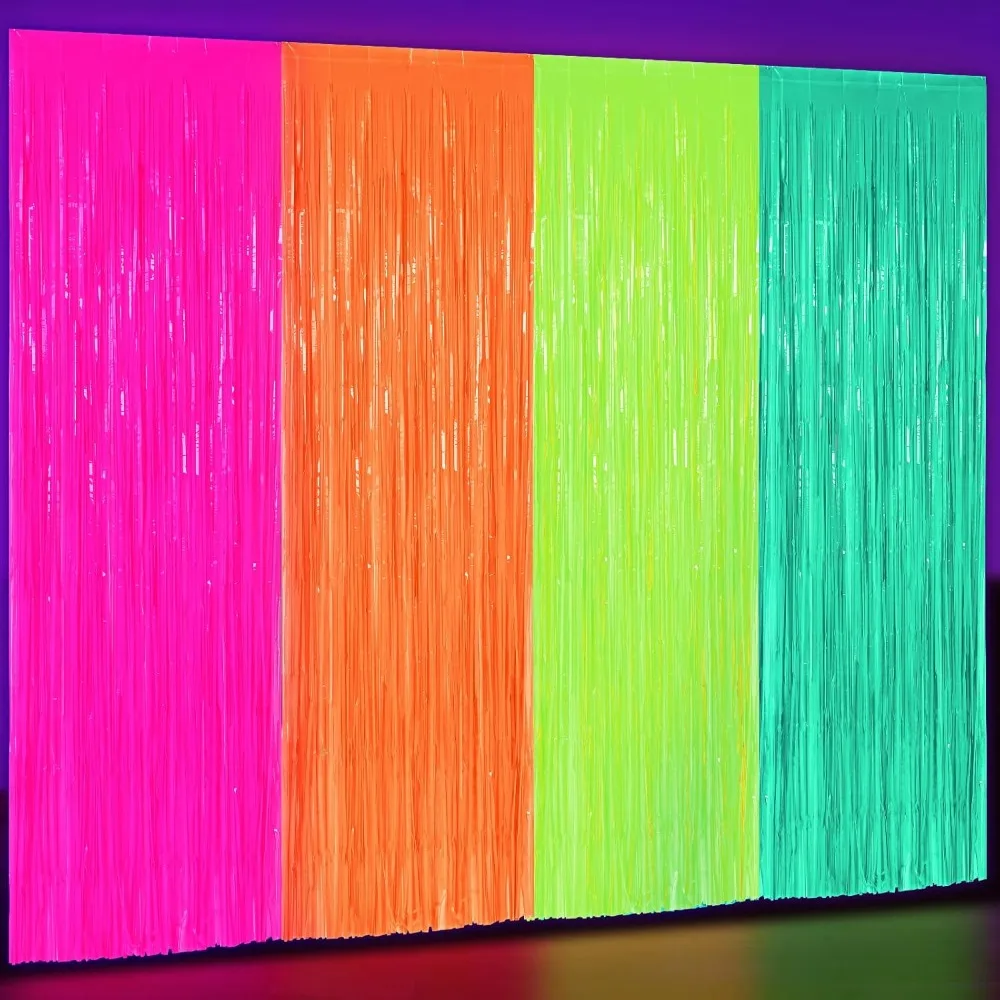 

4 Pack Glow in The Dark Party Supplies 3.3x6.6 Feet Neon Party Decorations Neon Foil Fringe Backdrop Curtains Tinsel Stre