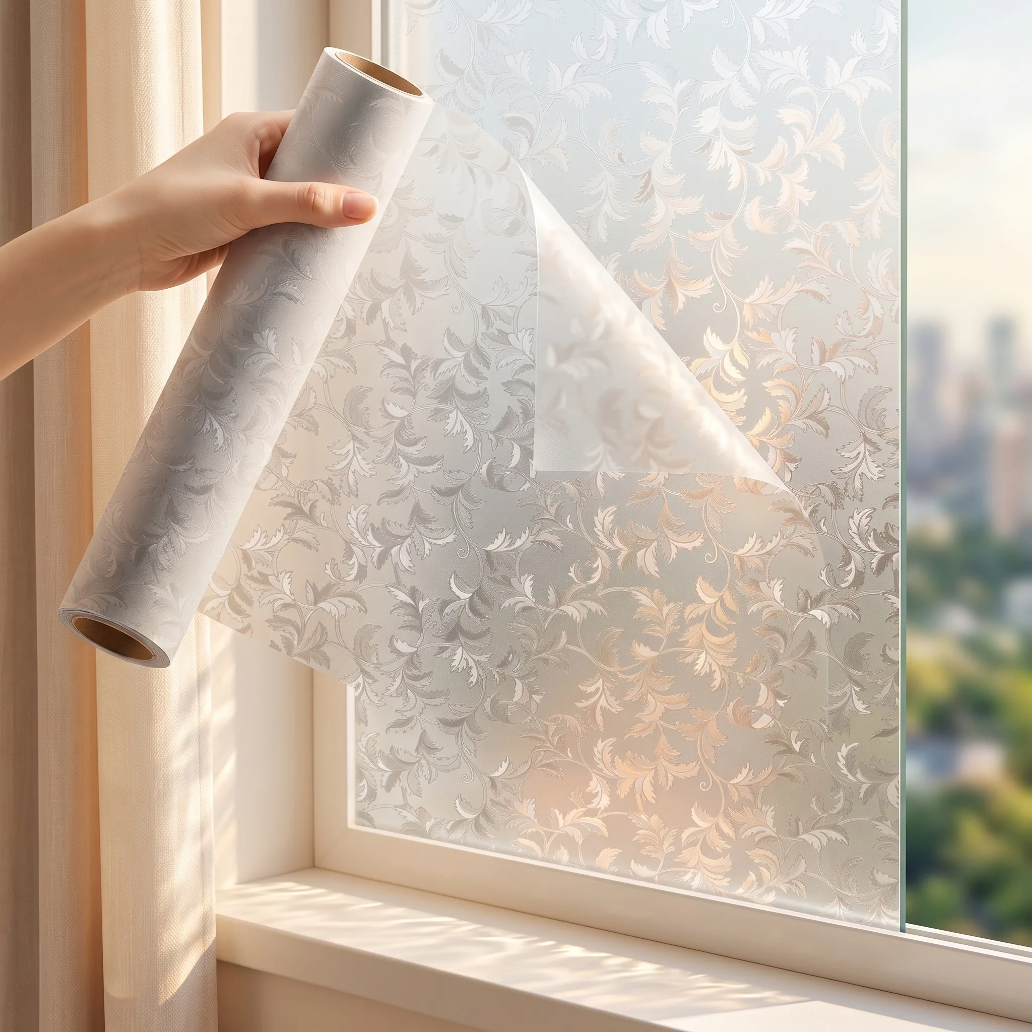 Static Cling No Glue Frosted Window Film Damask Scroll Floral Privacy Glass Film, Vintage Luxury Elegant Decor for Bathroom Bedr