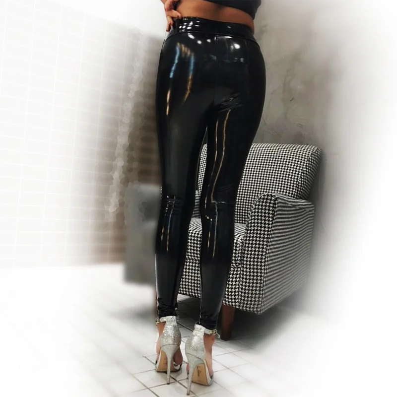 Pantalon en cuir PU taille haute pour femme, surface brillante, velours fin, long legging en cuir verni, grande taille