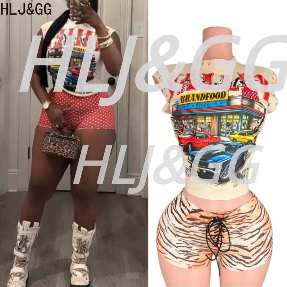 HLJ&GG Trend Y2K Tiger Bandage Shorts Two Piece Sets Women Letter Rive Sleeveless Top And Shorts Outfits Fashion 2pcs Streetwear