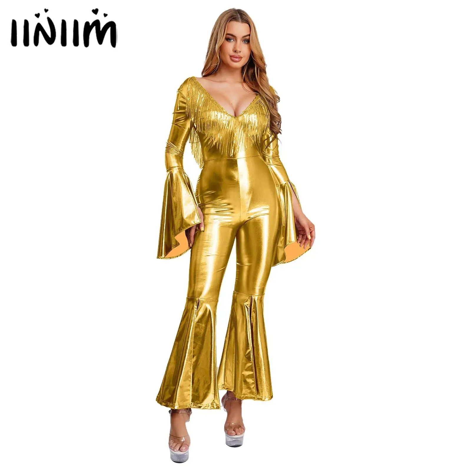 

Женский комбинезон для диско-клуба в стиле хиппи, джазовых танцев, V-образным вырезом, с блестками, кисточками, открытой спиной, расклешенными манжетами и ногами, металлическим боди, комбинезон