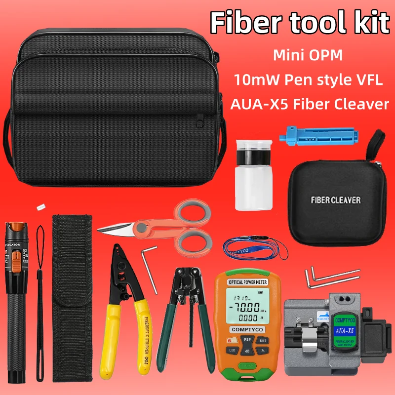 

FTTH Fiber Optic Tool Kit With AUA-X5 Fiber Cleaver Mini Optical Power Meter Tester Fiber Stripper Visual Fault Locator 10mw VFL