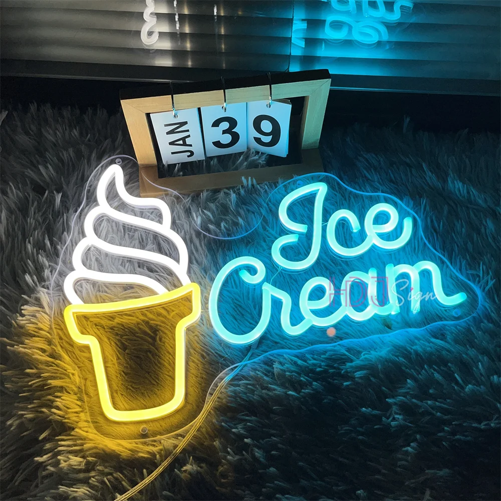 40cm Ice Cream Neon Sign Lights Restaurant Cafe Room Decor Wall Hanging Neon LED Sign USB Shop Signboard Neon Lights LED Lamps