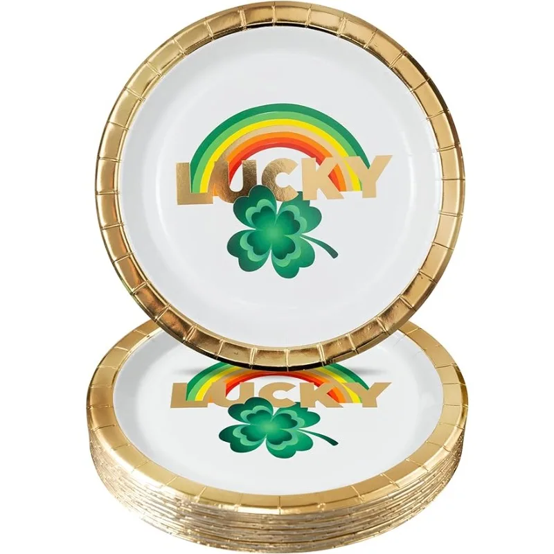 High Quality 24PCS St Patricks Day Disposable Plates Rainbow Clover Lucky Guests Paper Plates for Home Party Tableware Supplies