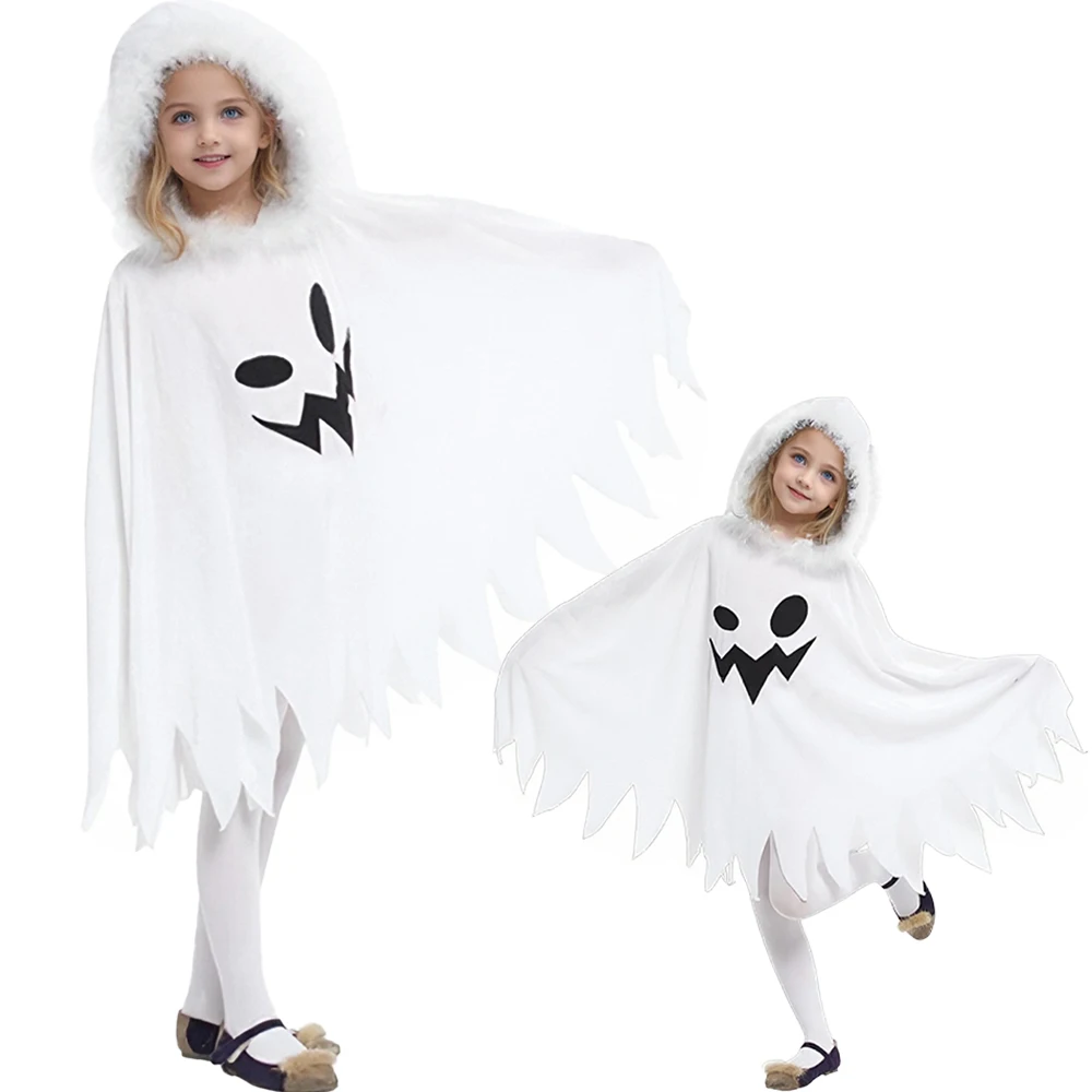 

White Ghost Cloak Children Cosplay Pixie Spooky Devil Hooded Cape Masquerade Stage Performance Costumes Halloween Party Clothing