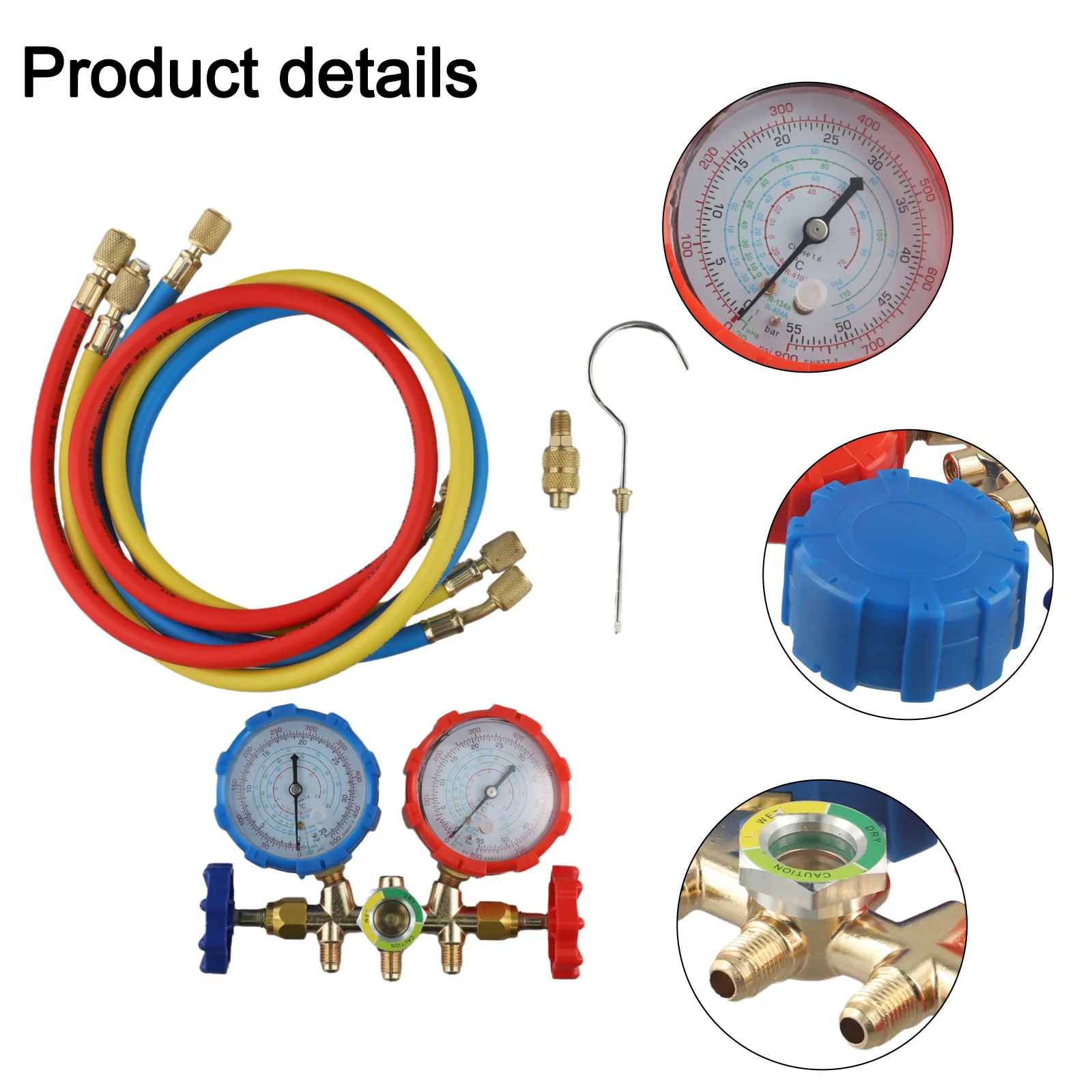 For R1234YF AC Manifold Gauge Set 4 Way Brass With Color Coded Gauges And-Hoses For Automotive Air Conditioning Refrigerat