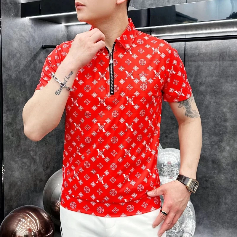 

Thin Breathable Summer Fashion Polo Shirts Luxury All-match Slim Lapel Half Zipper Men New Chic Printing Short Sleeve T-shirts