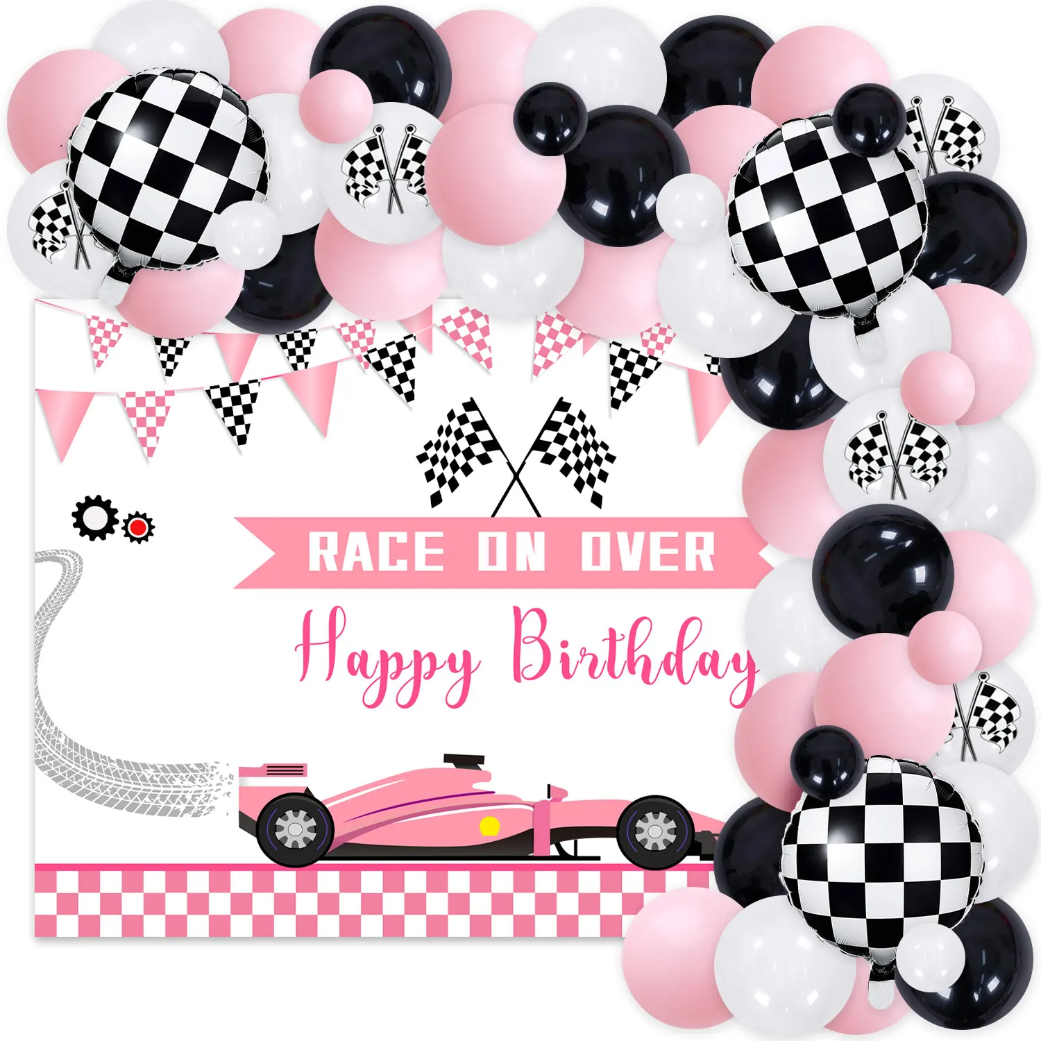 

Pink Racing Car Birthday Party Decorations for Girls Race on Over Backdrop Pink Balloon Garland Kit Race Car Birthday Supplies