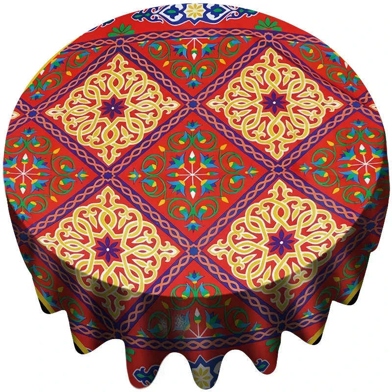 Mandala Boho Flower Egyptian Ramadan Decorations Colorful Red Blue Printed Khayamiya Polyester Round Tablecloth