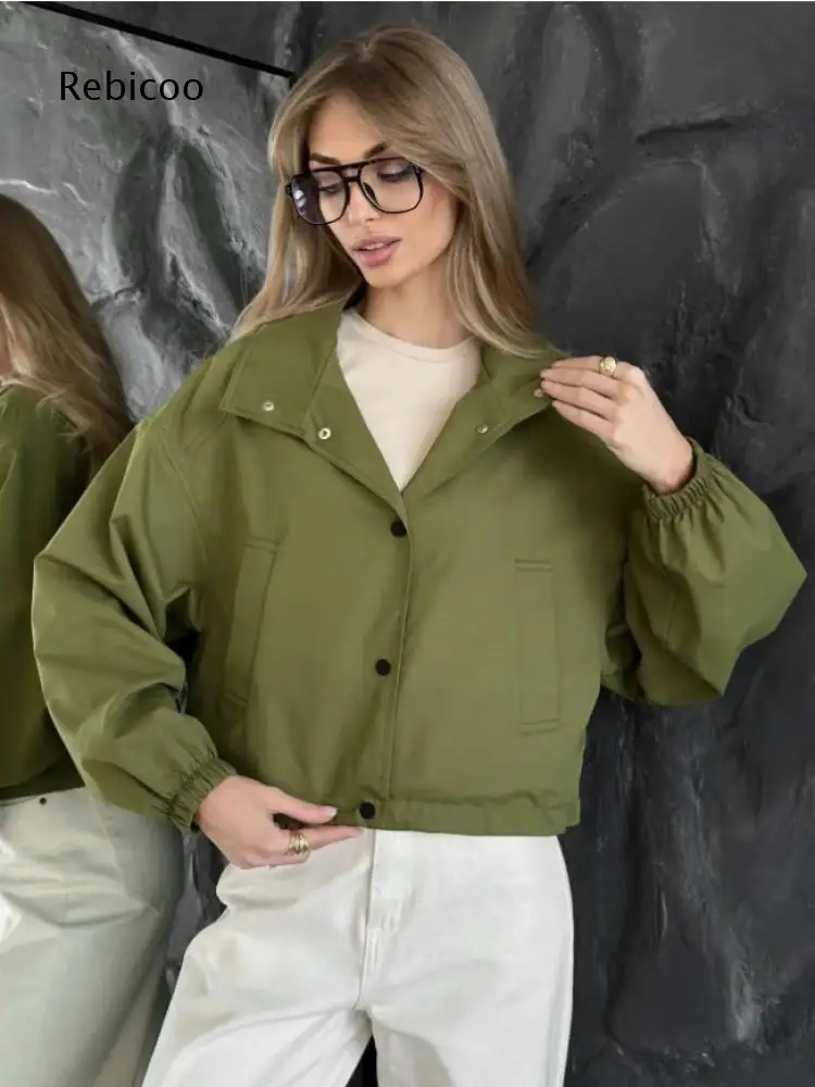 Women Cropped Stand Collar Jacket Long Elastic Cuff Snap Button Front Side Pockets Loose Solid Outerwear For Daily Street Wear