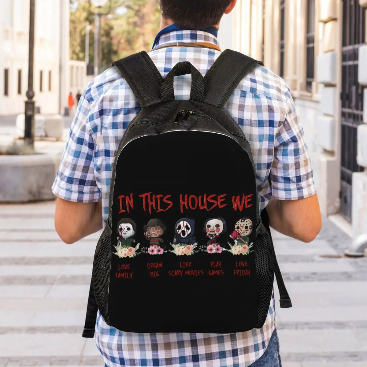 Halloween Horrorfilm Charakter Reise rucksack Männer Frauen Schule Computer Bücher tasche College Student Daypack Taschen