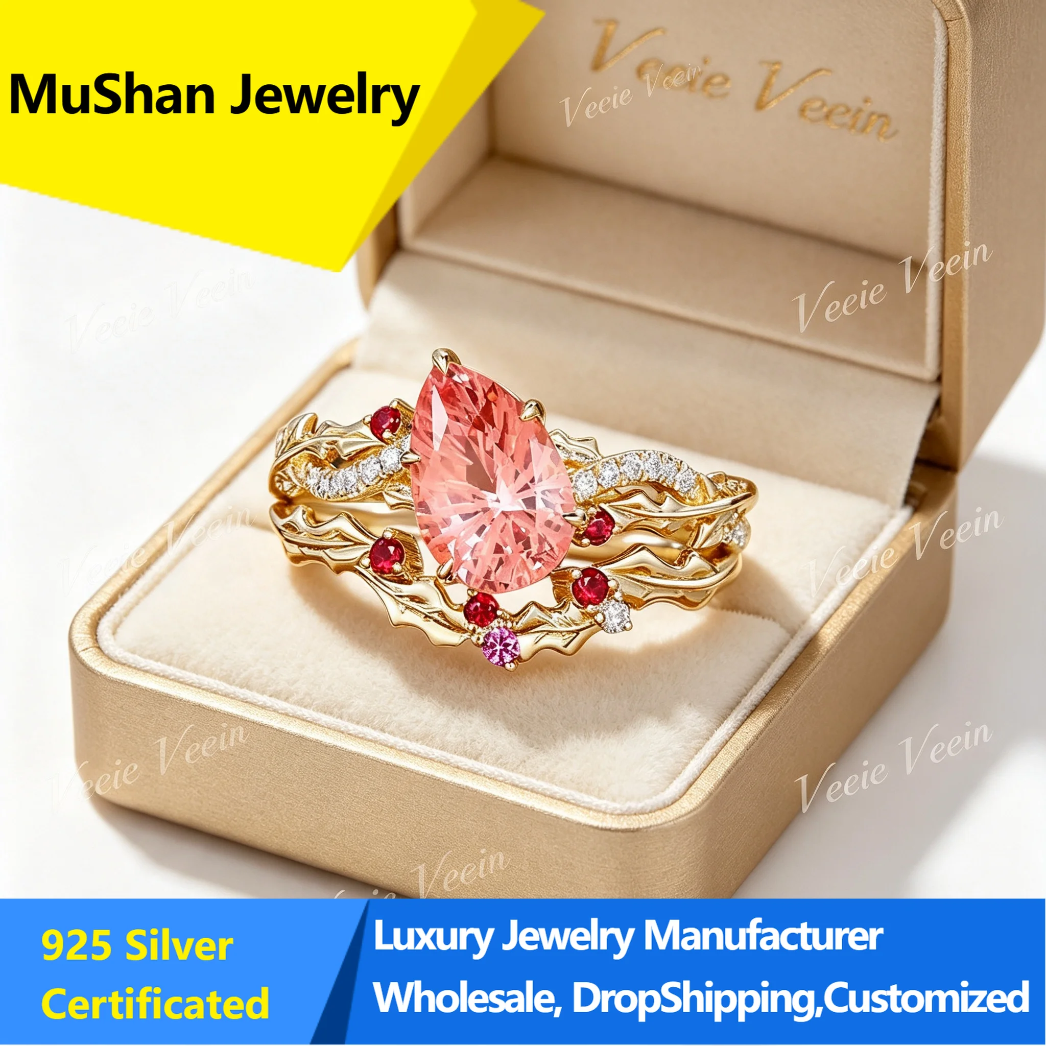 MuShan Jewelry Ins Pink Papalacha Water Drop Stacked Ring Set Female S925 Sterling Silver Plated 18k Gold Cultivated Gemsto