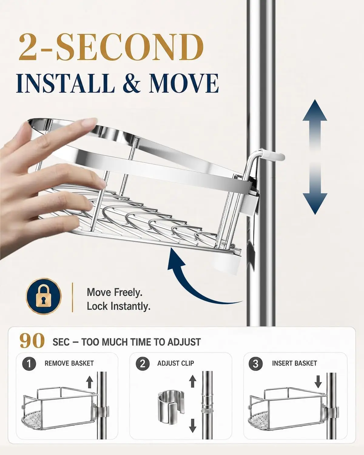 Rustproof Shower Corner Caddy Organizer for Bathroom, 4 Adjustable Shelves with Tension Pole, for Bathtub Shampoo Accessories Storage Holder, 34 to 116 Inch Height, Silver