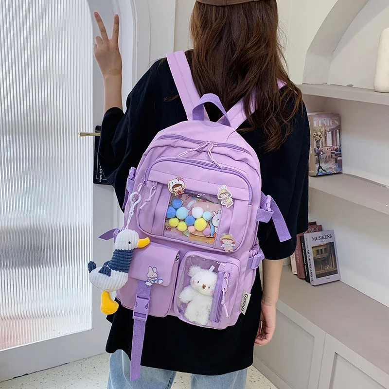 Women Kawaii Backpack Candy-colored Nylon Backpack Multi-pocket Large-capacity Solid Color Schoolbag Cute School Backpack