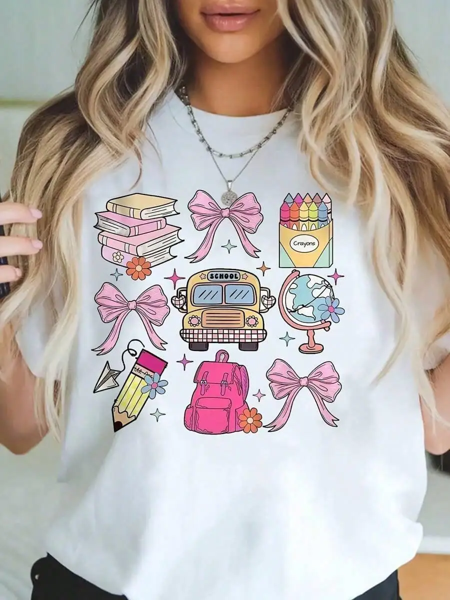 Women s Casual Short Sleeve T-Shirt - Throwback Graphic Print With Backpack Pencils Books And Teacher s Day Graphics - Breathable Crew Neck T-Shi